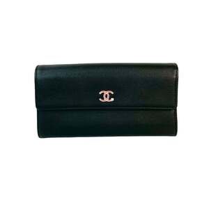 CHANEL Authentic Black Leather Logo Wallet